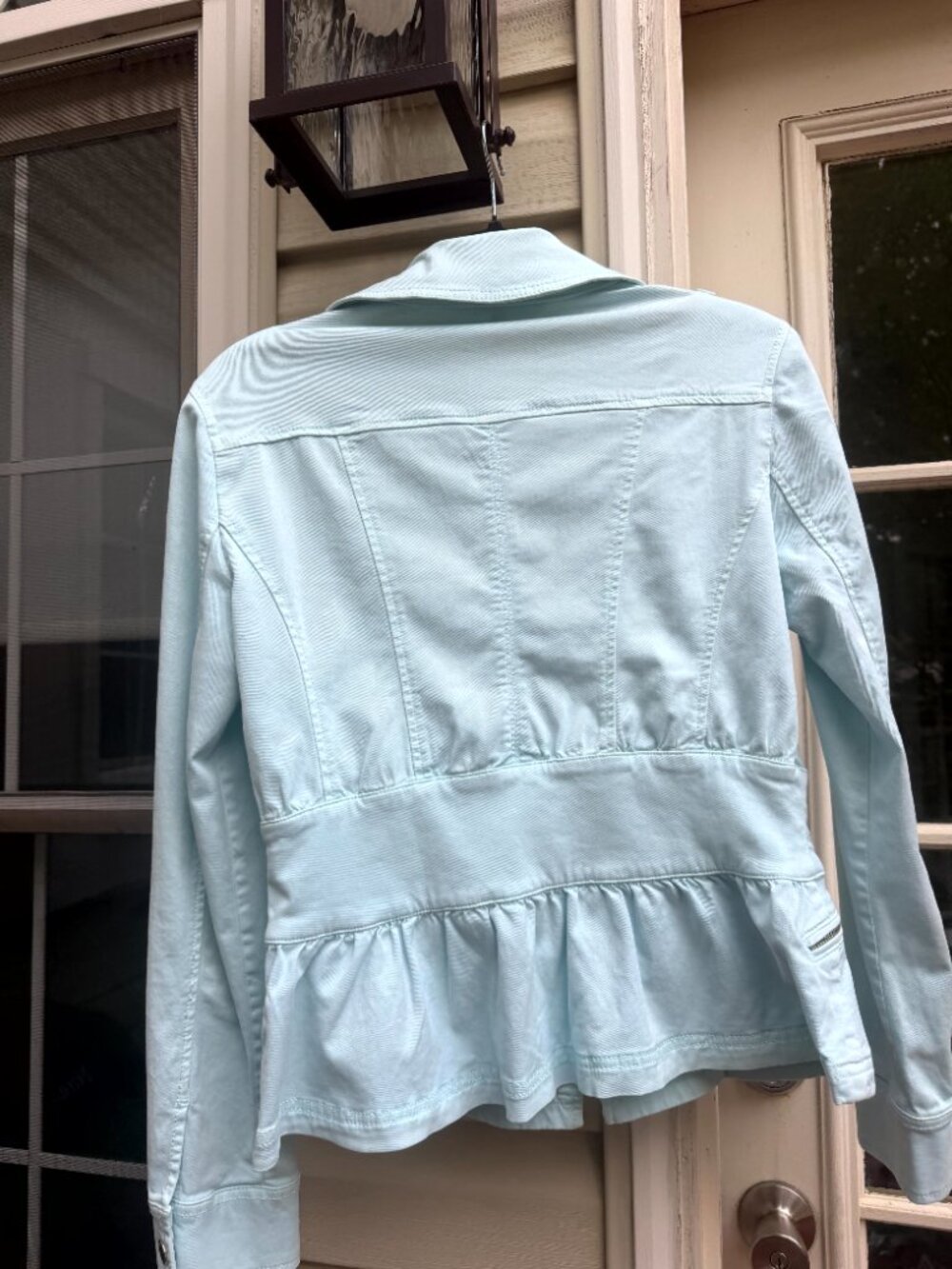 White House Black Market (WHBM) Stretch Zip Front Aqua Blue Peplum Jacket Size 6 - Picture 2 of 4